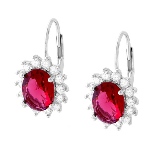 Ohrhänger mit Haken, oval Rubinrot, umrundet von weißen Cubic Zirconia, aus Silber 925, rhodiniert - MeinSchmuckShop