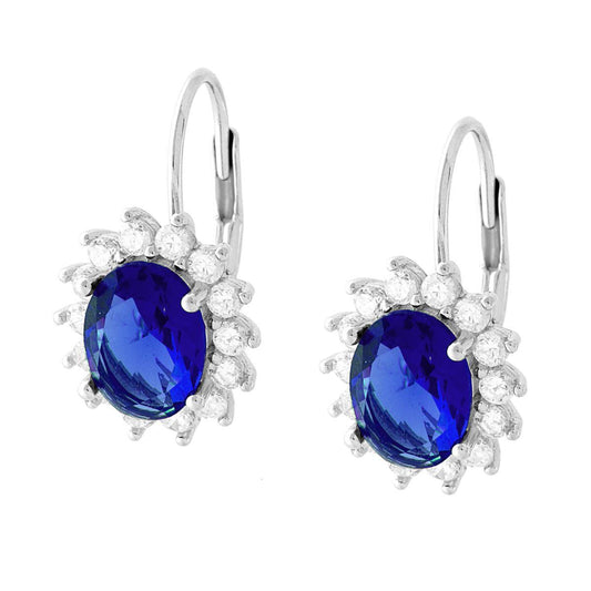 Hängerohrringe mit ovalem blauem Saphir, umgeben von weißen Cubic Zirconia, aus 925er Silber, rhodiniert. - MeinSchmuckShop