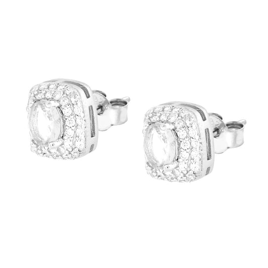 Rechteckige Ohrringe mit ovalem weißen Cubic-Zirkon, umrahmt von weißen Cubic-Zirkonien, aus Silber 925 rhodiniert. - MeinSchmuckShop