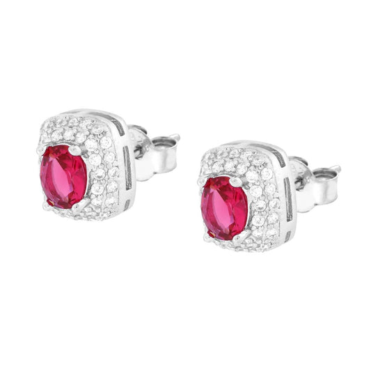 Rechteckige Ohrringe mit oval Rubinrot Cubic Zirconia, umgeben von weißen Cubic Zirconia, in 925er Silber rhodiniert. - MeinSchmuckShop