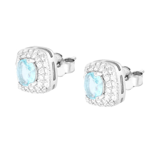 Rechteckige Ohrringe mit ovalem Aquamarin, umrahmt von weißen Cubic-Zirkonien, aus Silber 925, rhodiniert - MeinSchmuckShop