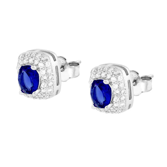 Rechteckige Ohrringe mit ovalem blauen Saphir, umgeben von weißen Cubic-Zirkonien, aus Silber 925 rhodiniert - MeinSchmuckShop
