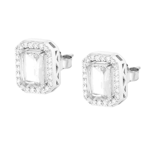 Rechteckige Ohrringe mit weißem Cubic Zirconia, umgeben von weißen Cubic Zirconia, aus 925er Silber, rhodiniert - MeinSchmuckShop