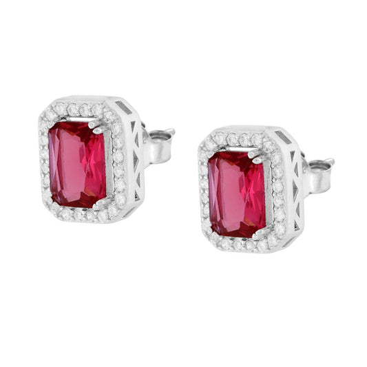 Rechteckige Ohrringe mit rubinrotem Cubic Zirconia, umrahmt von weißen Cubic Zirconia, aus 925er Silber, rhodiniert - MeinSchmuckShop