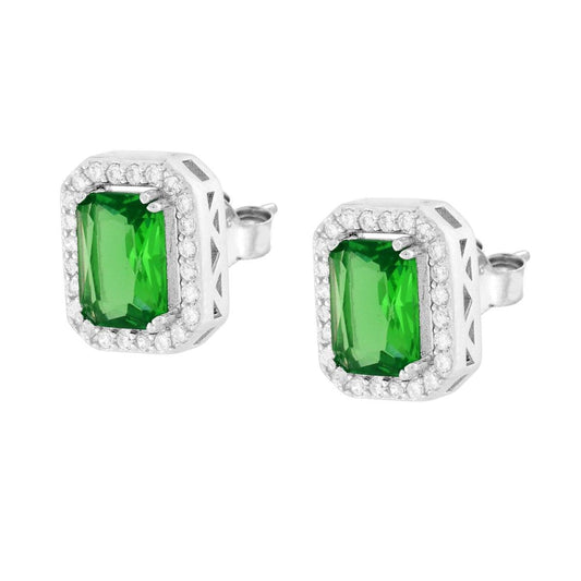 Rechteckige Ohrringe mit smaragdgrünen Cubic-Zirconia, umrahmt von weißen Cubic-Zirconia, Silber 925, galvanisch rhodiniert - MeinSchmuckShop