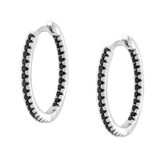 Ohrringe Creolen mit Klappverschluss Ø 20 mm, schwarze Cubic Zirconia, Silber 925, rhodiniert galvanisch - MeinSchmuckShop