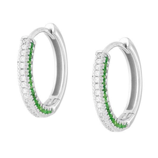 Hoop-Ohrstecker mit Schnappverschluss, mit smaragdgrünen und weißen Cubic Zirconia, aus 925er Silber rhodiniert - MeinSchmuckShop