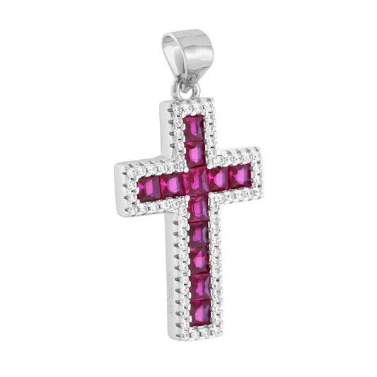Kreuzanhänger mit Cubic Zirconia Carré Rubin Rot, umgeben von weißen Cubic Zirconia, aus Silber 925 rhodiniert - MeinSchmuckShop