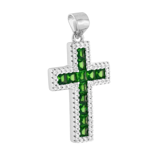Anhänger Kreuz mit Cubic Zirconia Carre Verde Smeraldo, von weißen Cubic Zirconia umrahmt, aus 925er Silber rhodiniert. - MeinSchmuckShop