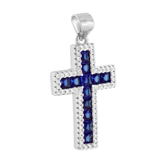 Kreuzanhänger mit blauem Saphir-Carre-Cubic-Zirconia, von weißen Cubic-Zirkonien umgeben, aus 925er Silber rhodiniert - MeinSchmuckShop