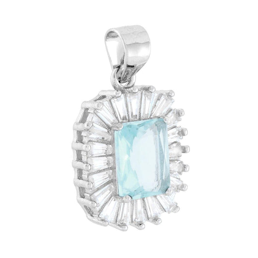Rechteckiger Anhänger mit Aquamarin-Cubic-Zirconia, umgeben von weißen trapezförmigen Cubic-Zirconia, aus 925er Silber rhodiniert galvanisch. - MeinSchmuckShop