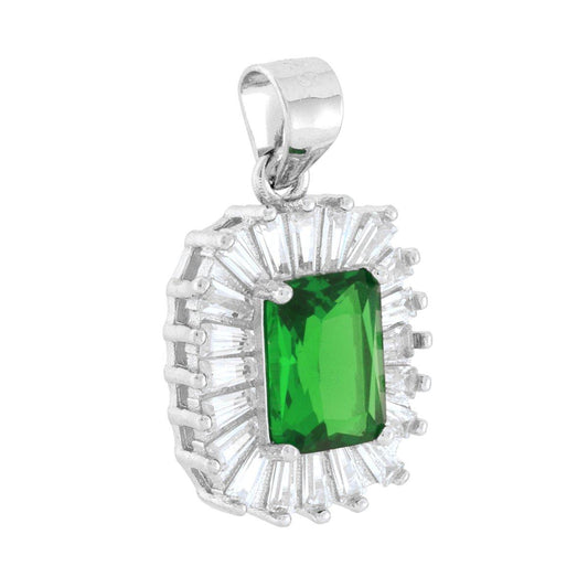 Rechteckiger Anhänger mit smaragdgrünem Cubic Zirconia, umgeben von weißen trapezförmigen Cubic Zirconia, rhodiniertes Silber 925 - MeinSchmuckShop