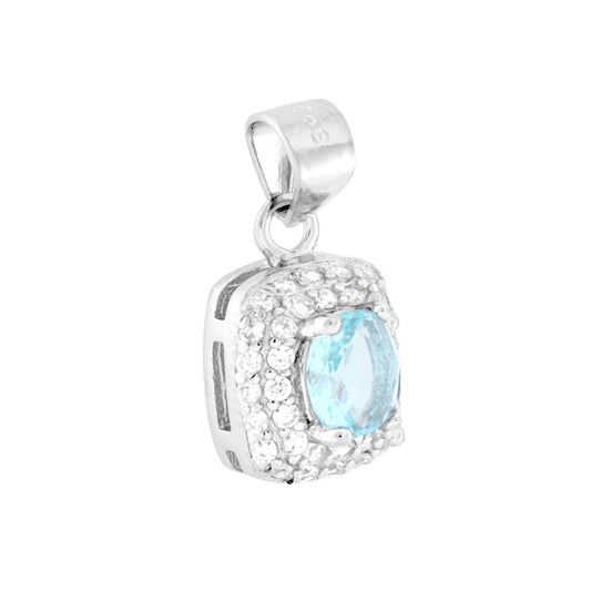 Rechteckiger Anhänger mit ovalem Aquamarin, umrandet von weißen Cubic Zirconia, aus 925er Silber rhodiniert. - MeinSchmuckShop