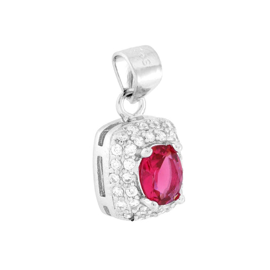 Rechteckiger Anhänger mit ovalem rubinroten Cubic Zirconia, umgeben von weißen Cubic Zirconia, aus Silber 925, rhodiumgalvanisiert - MeinSchmuckShop