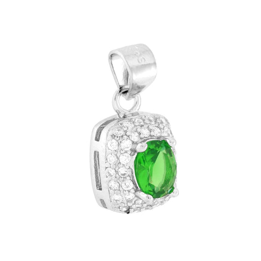 Rechteckiger Anhänger mit ovalem smaragdgrünen Cubic Zirconia, umgeben von weißen Cubic Zirconia, aus 925er Silber, rhodiniert - MeinSchmuckShop