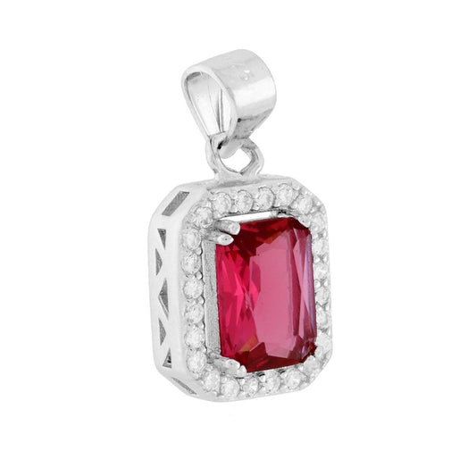 Rechteckiges Anhänger mit rubinroten Cubic Zirconia, umgeben von weißen Cubic Zirconia, aus 925er Silber rhodiniert - MeinSchmuckShop