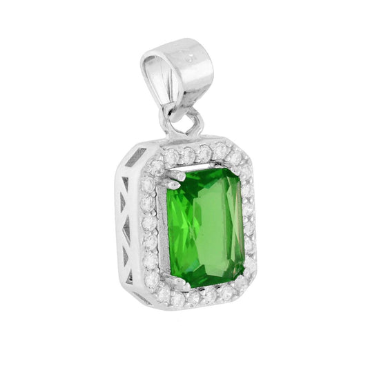 Rechteckiger Anhänger mit smaragdgrünem Cubic Zirconia, umgeben von weißen Cubic Zirconia, aus 925er Silber rhodiniert. - MeinSchmuckShop