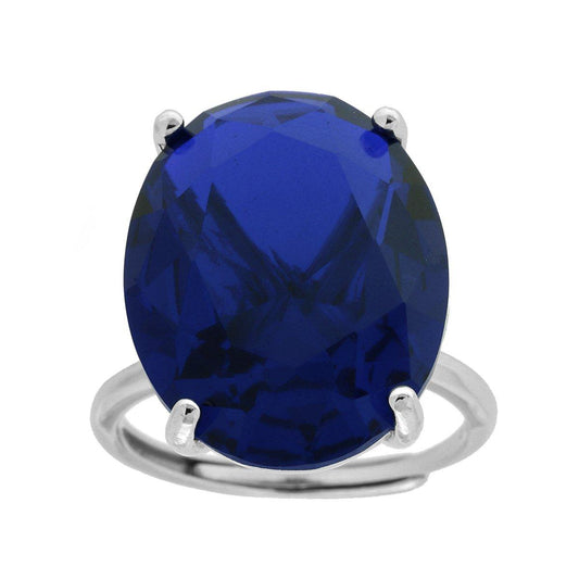 Solitärring mit ovalem blauen Saphir und kubischem Zirkon in 925er Silber rhodiniert - MeinSchmuckShop