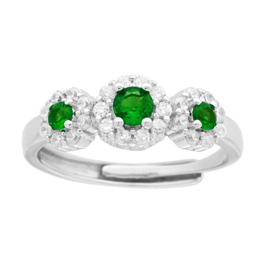 Trilogy-Ring Grüner Smaragdblume, umrandet von weißen Cubic-Zirkonia, in Silber 925 galvanisch Rhodium-beschichtet - MeinSchmuckShop