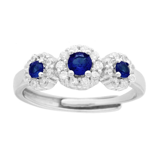 Trilogie-Ring Blaues Saphir-Blütenmotiv, umgeben von weißen Cubic Zirconia, in 925er Silber rhodiniert - MeinSchmuckShop