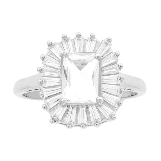 Solitär-Ring in rechteckiger Form mit weißem Cubic Zirconia, umgeben von weißen Cubic Zirconia-Trapezen, aus 925er Silber galvanisch rhodiniert - MeinSchmuckShop
