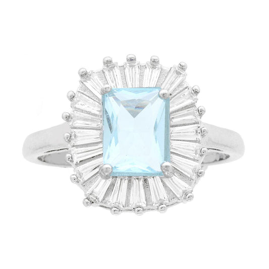Solitärring, rechteckig, Aquamarin-Cubic-Zirkonia, umgeben von weißen trapezförmigen Cubic-Zirkonien, aus Silber 925 galvanisch rhodiniert - MeinSchmuckShop