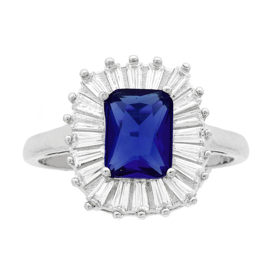Solitärring, rechteckig, blaues Cubic Zirconia Saphir, umrandet von weißen Cubic Zirconia-Trapezen, in 925er Silber rhodiumgalvanisiert - MeinSchmuckShop