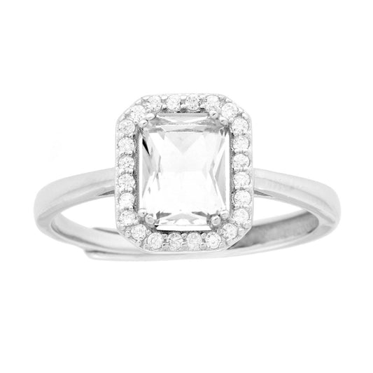 Solitärring rechteckig, Cubic Zirconia weiß, umrandet von weißen Cubic Zirconia, in Silber 925 rhodiniert - MeinSchmuckShop