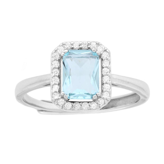 Solitärring rechteckig, Cubic Zirconia Aquamarin, umrandet von weißen Cubic Zirconia, in 925er Silber rhodiniert. - MeinSchmuckShop