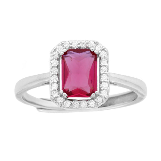 Solitärring, rechteckig, Cubic Zirconia rubinrot, umgeben von weißen Cubic Zirconia, aus 925er Silber, galvanisch rhodiniert. - MeinSchmuckShop
