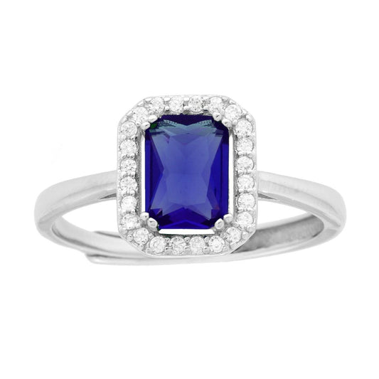 Solitär-Ring rechteckig mit blauem Saphir-Cubic-Zirconia, umgeben von weißen Cubic-Zirconia, aus 925er Silber rhodiniert. - MeinSchmuckShop