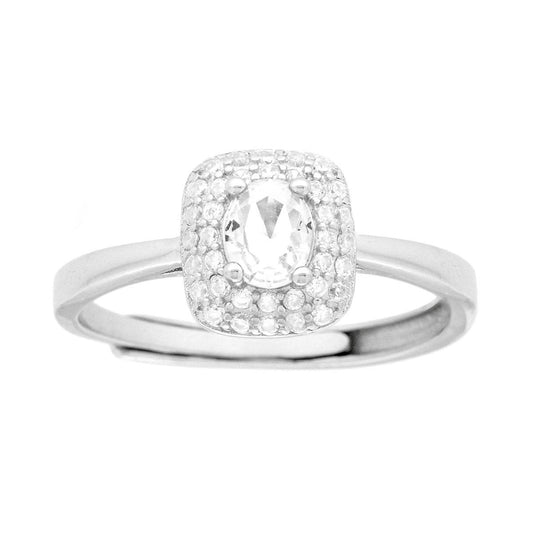 Solitärring, rechteckig, ovales weißes Cubic Zirconia, umrahmt von weißen Cubic Zirconia, in Silber 925 rhodiniert. - MeinSchmuckShop