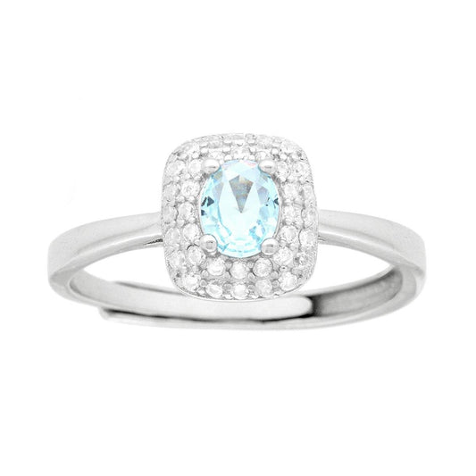 Solitärring, rechteckig, ovaler Aquamarin, umrahmt von weißen Cubic-Zirkonia, aus 925er Silber, galvanisch rhodiniert - MeinSchmuckShop