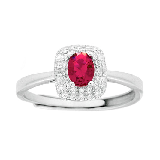 Solitärring, rechteckig, ovaler rubinroter Cubic Zirconia, umrundet von weißen Cubic Zirconia, aus 925er Silber, galvanisch rhodiniert - MeinSchmuckShop