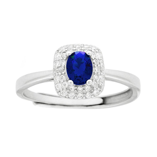 Solitärring rechteckig, ovaler blauer Saphir aus Cubic Zirconia, umgeben von weißen Cubic Zirconia, in 925er Silber rhodiniert - MeinSchmuckShop
