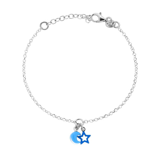 Rolo-Kettenarmband mit Diamanten, Mond- und Sternanhängern, blau emailliert, aus 925er Silber, rhodiniert. - MeinSchmuckShop