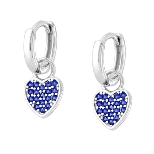 Ohrringe Rundring-Clip mit hängendem Herz und Cubic Zirconia Blau Saphir, aus 925er Silber rhodiniert - MeinSchmuckShop