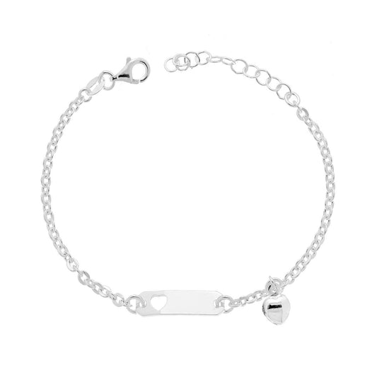 Armband mit rechteckiger Schildplakette für Jungen und Mädchen, mit diamantierter Kette und hängendem, durchbrochenem Herz aus 925er Silber - MeinSchmuckShop