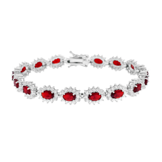 Tennisarmband, 18 cm, ovale rubinrot, umrandet von weißen Cubic Zirconia, aus 925er Silber, rhodiniert. - MeinSchmuckShop