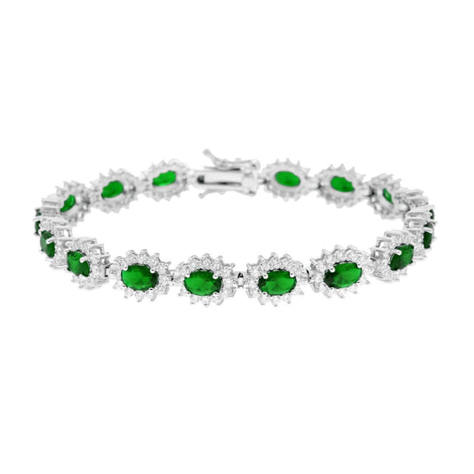 Tennisarmband 18 cm, ovalgrüne Smaragde, umrahmt von weißen Cubic Zirconia, aus 925er Silber rhodiniert. - MeinSchmuckShop