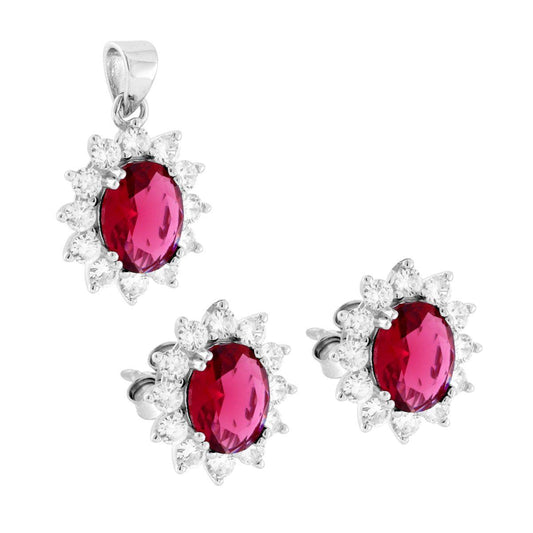 Schmuckset: Ohrringe und ovaler Anhänger mit rubinrotem kubischem Zirkon, umgeben von weißen kubischen Zirkonien, in Silber 925 rhodiniert. - MeinSchmuckShop