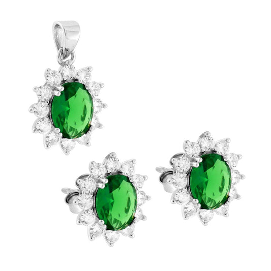 Schmuckset Ohrringe und Anhänger, ovaler Cubic Zirconia Smaragdgrün, umgeben von weißen Cubic Zirconia, aus 925er Silber rhodiniert - MeinSchmuckShop