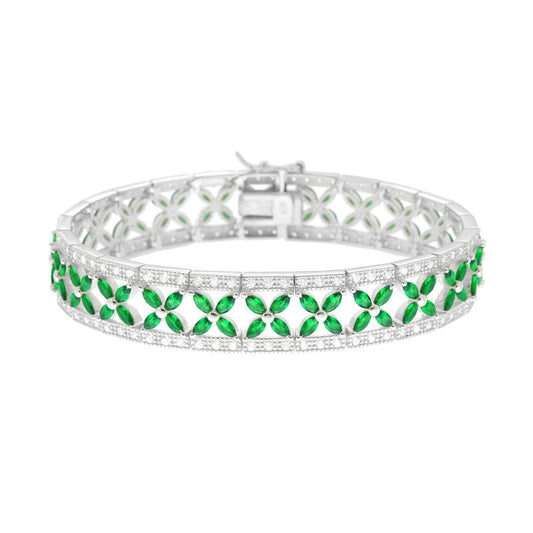 Tennisarmband mit Blütenband, mit grünem Smaragd- und weißen Cubic-Zirkonia, aus 925er Silber, rhodiniert galvanisch - MeinSchmuckShop