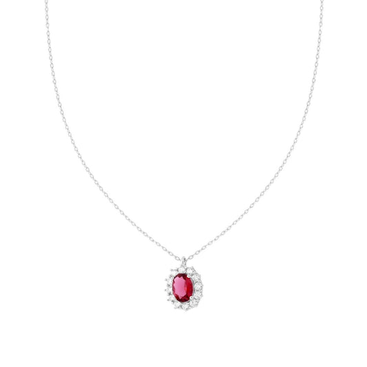 Kette mit diamantierter, ovaler Rubinrot, umrahmt von weißen Cubic Zirconia, aus 925er Silber rhodiniert - MeinSchmuckShop