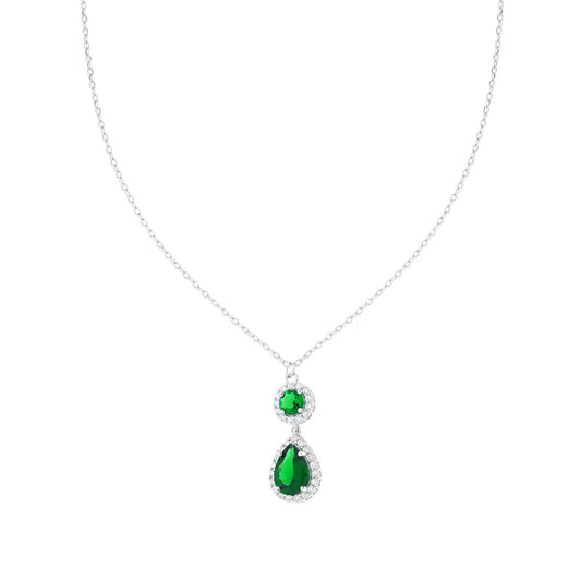 Kette mit diamantierter Forzatina, smaragdgrüner Tropfen, umrandet von weißen Cubic Zirconia, aus 925er Silber rhodiniert galvanisch - MeinSchmuckShop