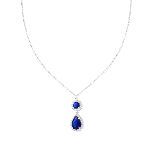 Halskette, feine diamantierte Kette, blauer Saphirtropfen, von weißen Cubic Zirconia umrahmt, aus 925er Silber, rhodium-beschichtet - MeinSchmuckShop