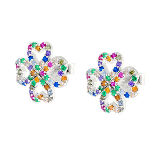 Ohrringe mit Vierblättrigem Kleeblatt und Herzen, mit multicolor Cubic-Zirkonia, in Silber 925 rhodiniert - MeinSchmuckShop
