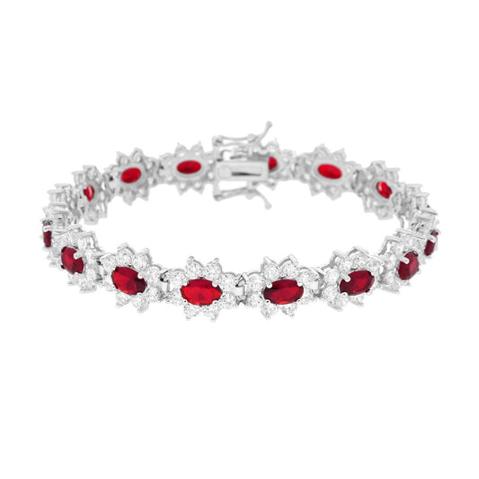Tennis-Armband 18 cm, ovale rubinrot, umrahmt von weißen Cubic Zirconia, aus 925er Silber, rhodiniert. - MeinSchmuckShop