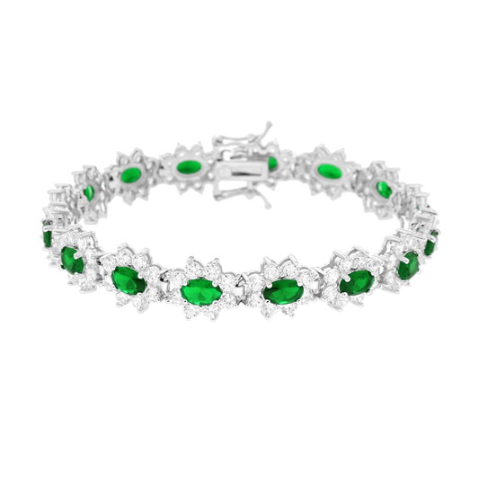 Tennisarmband 18 cm, ovale, Smaragdgrün, umgeben von weißen Cubic Zirconia, aus 925er Silber, rhodiniert - MeinSchmuckShop