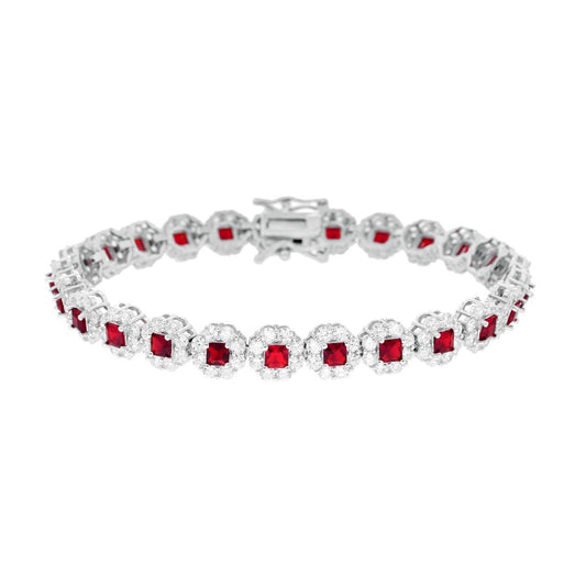 Tennis-Armband, 18 cm, rubinrot rubinfarbene Blüten, Carre-Form, umrandet von weißen Cubic Zirconia, aus Silber 925 rhodiniert - MeinSchmuckShop